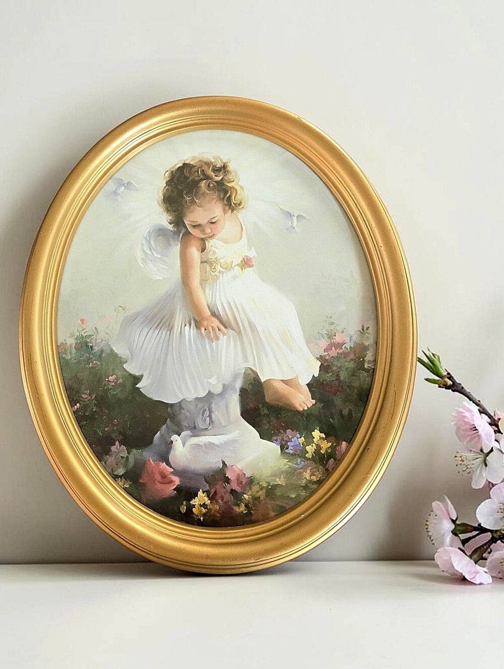 Joyce Birkenstock "Heaven's Doves" Angel Girl with Doves Print Gold Oval Frame
